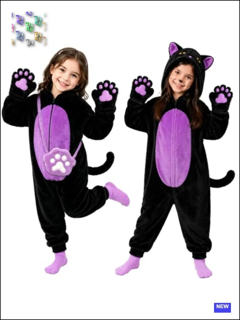 Girls Black Cat Halloween Costume Kids Cosplay Onesie with Candy Purse